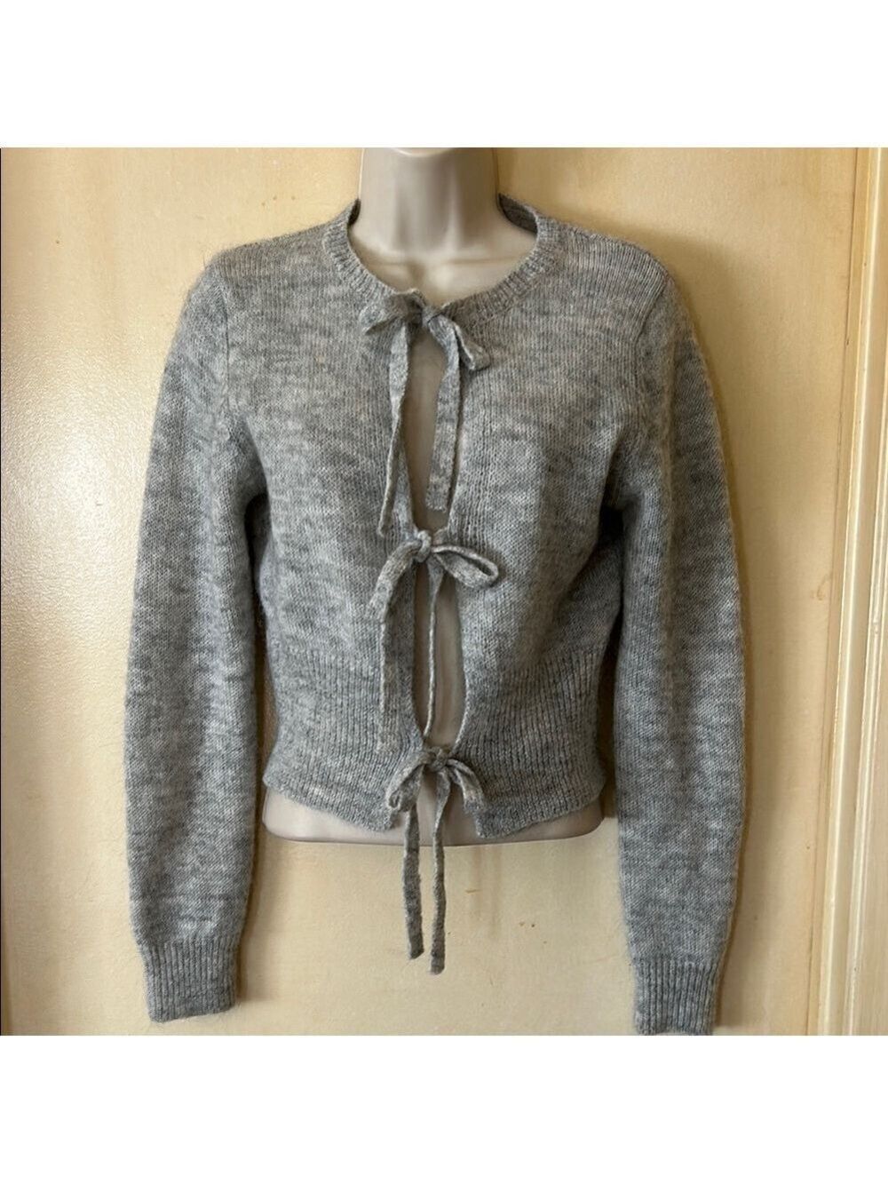 Beige Botany light grey mohair tie front crop sweater size S